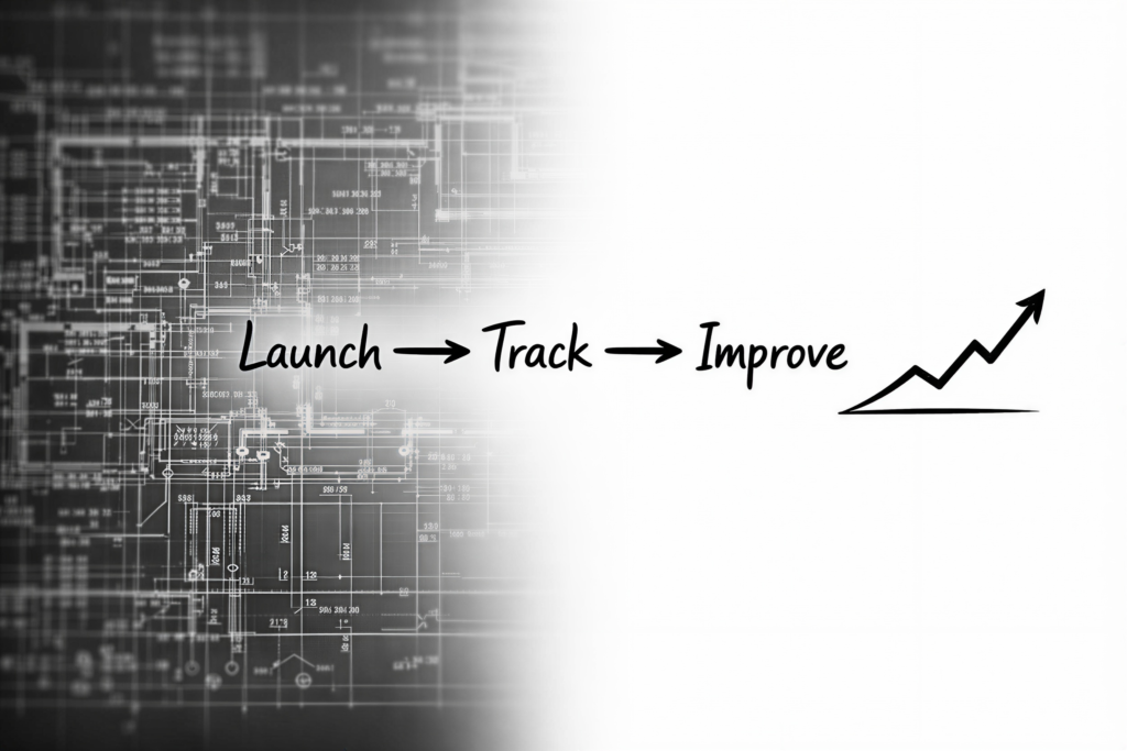 A high-contrast monochrome blog header showing a faded, complex architectural blueprint on the left and a sharp, simple 'Launch, Track, Improve' marketing workflow with a growth line on the right, representing the shift from perfectionism to action.