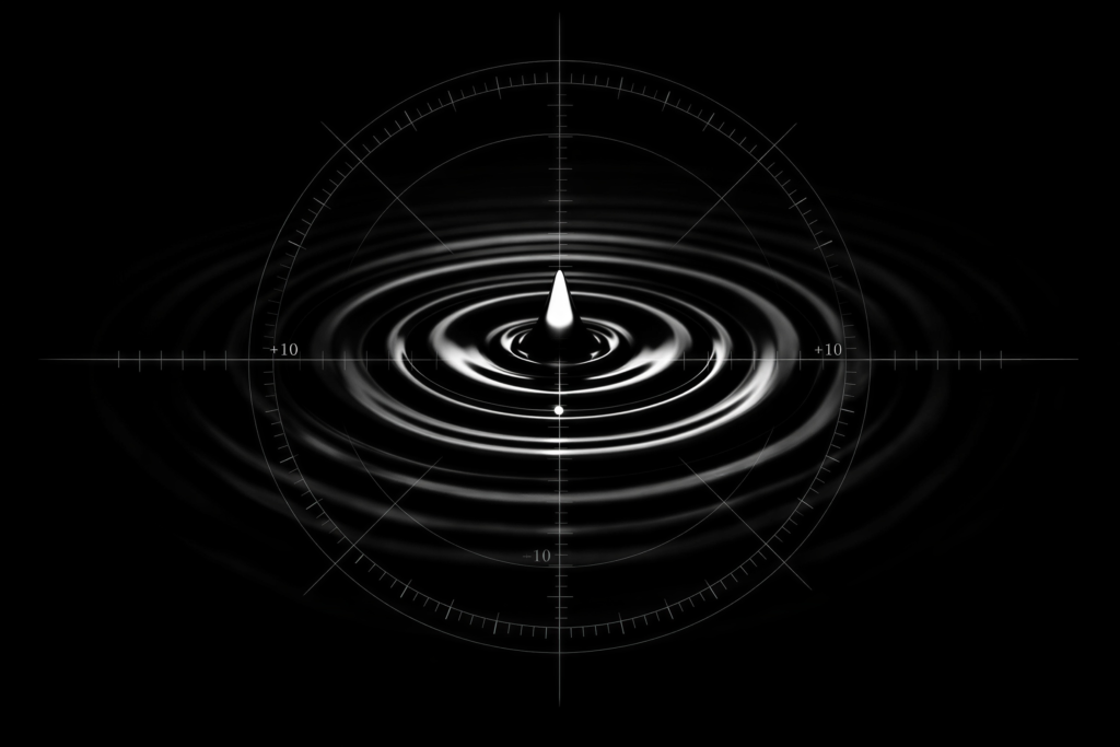 A high-contrast monochrome macro view of a single drop hitting a black liquid surface, creating perfect concentric ripples under a technical measurement grid, representing the measured impact of content distribution in a marketing lab.