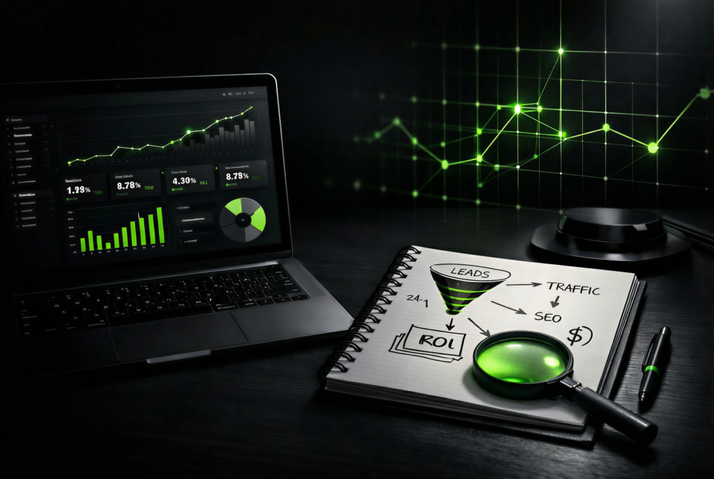 A professional digital marketing workspace with a laptop displaying a green data analytics dashboard, a magnifying glass over a marketing funnel diagram in a notebook, and a neon green digital grid background, representing a marketing lab experiment.